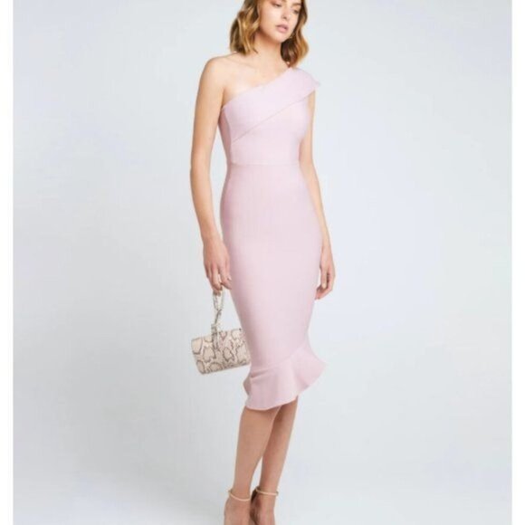 Few Moda Size L Pink One-Shoulder Asymmetrical Ruffle Hem Midi Dress Bodycon - Picture 6 of 15